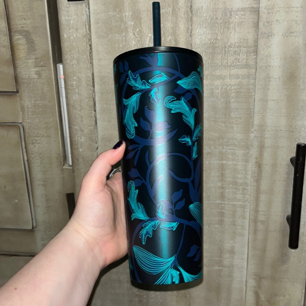 Teal and Navy flower designed metal Starbucks cup